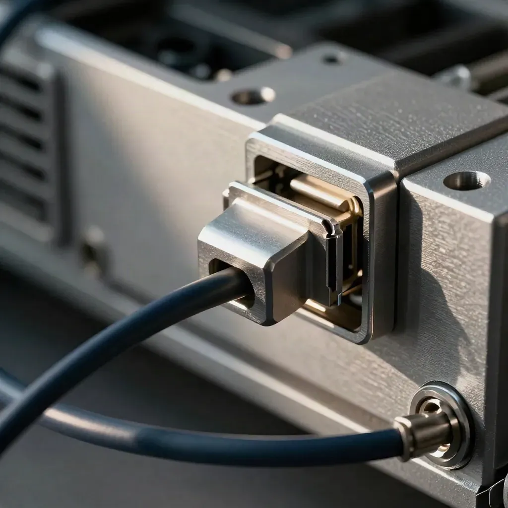 Macro of a server latch, braided cable loop, and connector block on brushed metal.