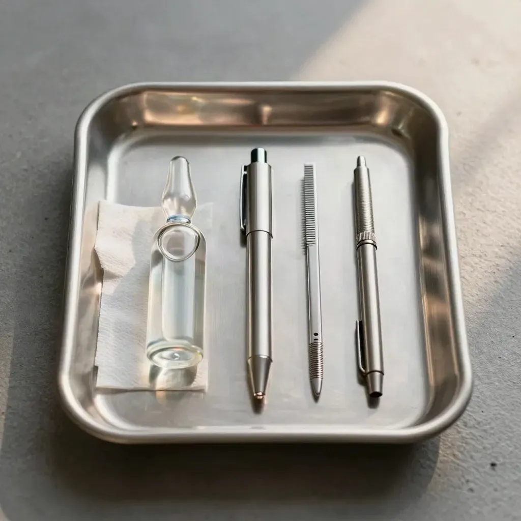 Overhead still life of surgical tray, ampoules, penlight and clamps on cool concrete.