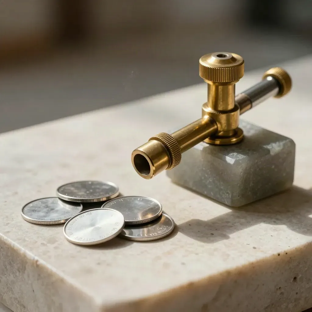 Brass seal press beside blank metal token discs and a stone paperweight on pale stone.