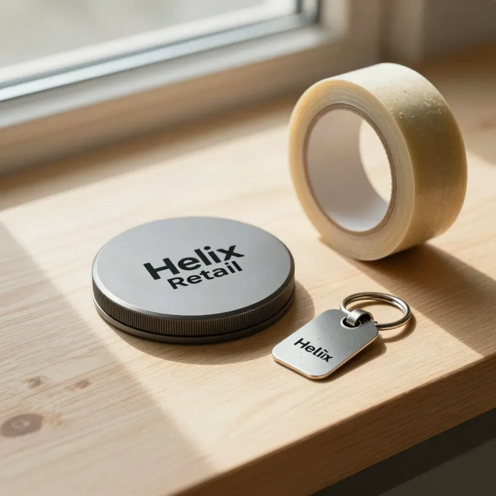 RFID gate puck, parcel tape roll, and slate checkout token on pale wood, top-down retail still life.