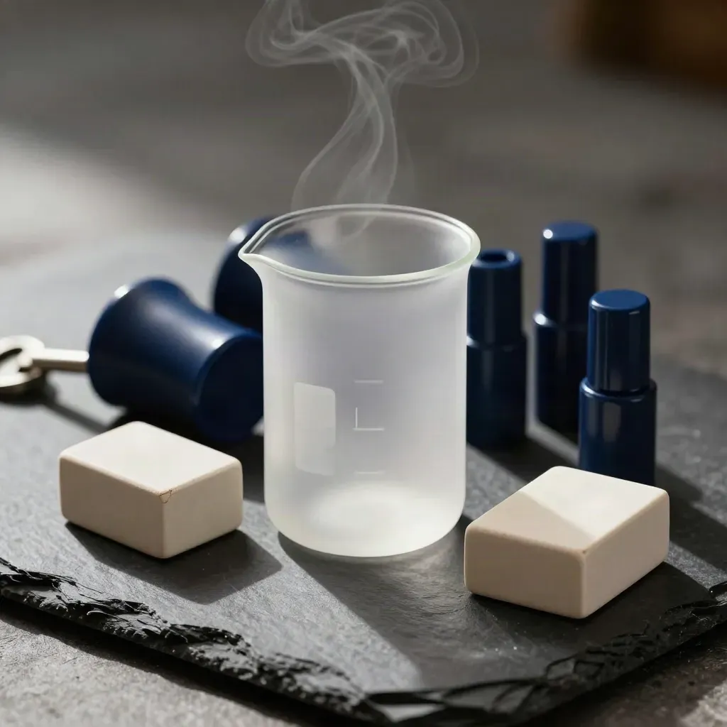 Frosted beaker, navy sample caps, and a ceramic block on dark stone.