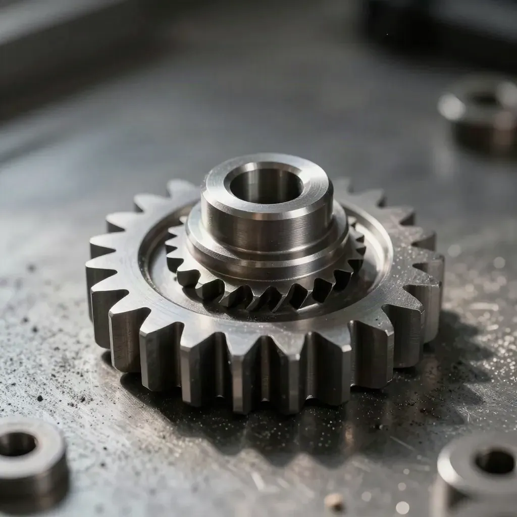 Steel gear blank, hex keys, and machined shims on a brushed metal surface with dramatic light.