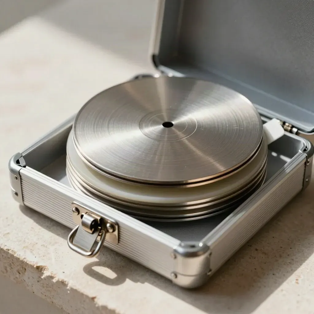 Blank metal token discs stacked in an aluminum case on pale stone, lit from above.