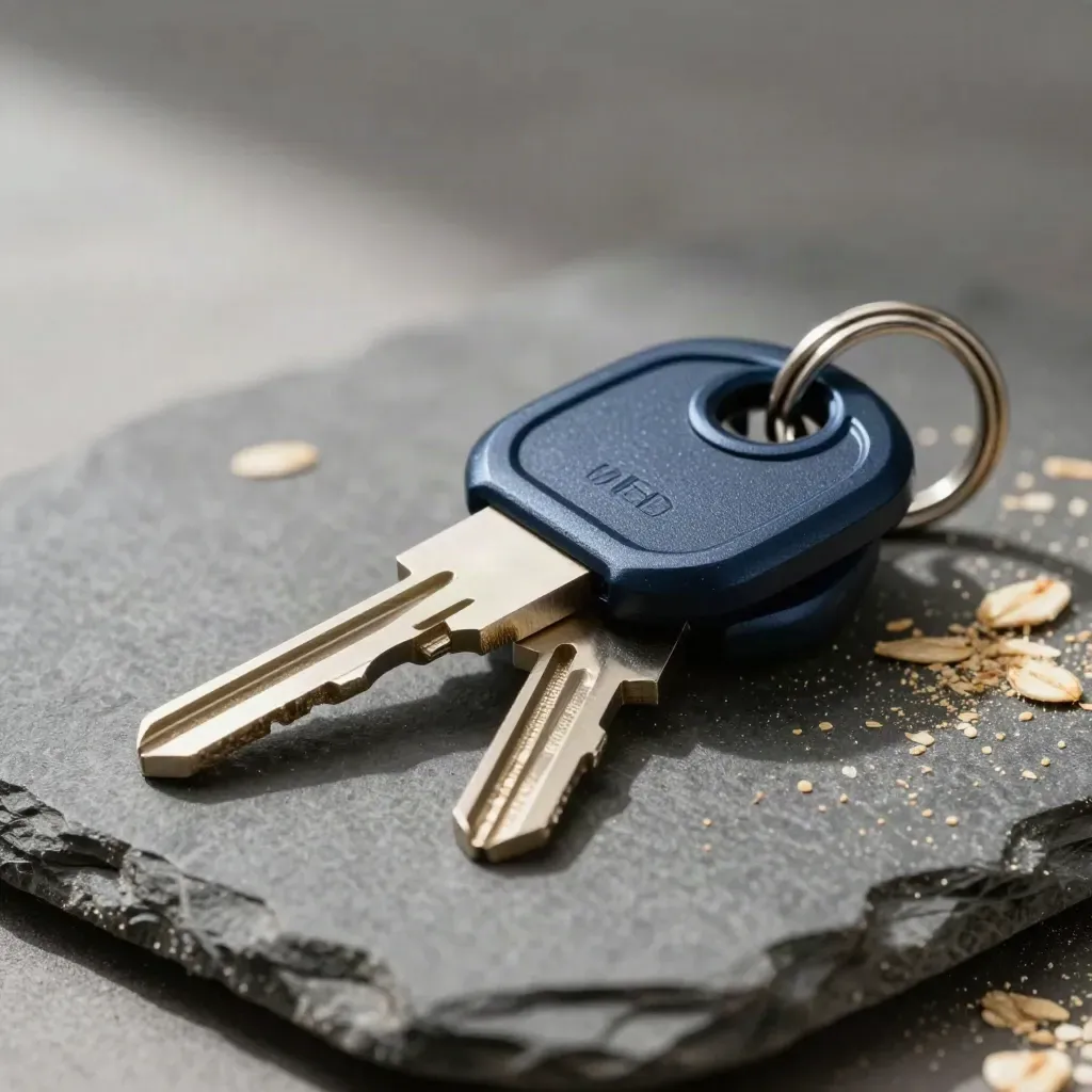 Security key, passkey puck, and tamper seal rings arranged as a premium MFA kit.