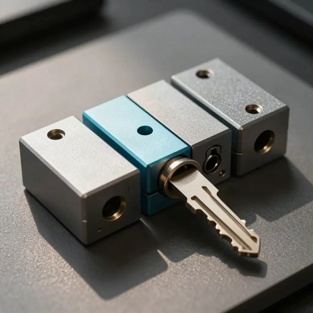 Top-down macro of anodized auth blocks, adapter sleeve, and hardware key on graphite.
