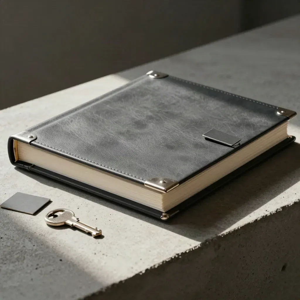 Closed auth docs binder with tabs and clip on concrete in dramatic studio light