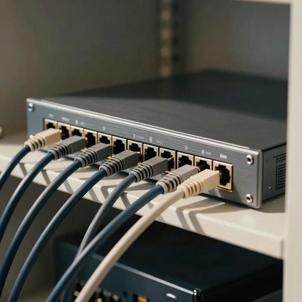 Rack-mount access gateway with braided patch cords and combs, seen through a blurred cable loop