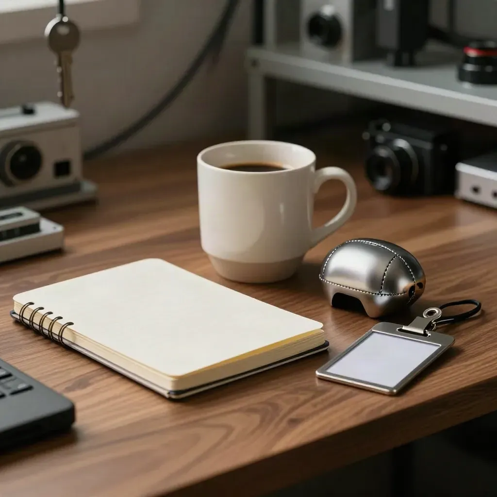 Still life of auth review tools: notebook, coffee cup, prototype shell and badge clip on a walnut bench.
