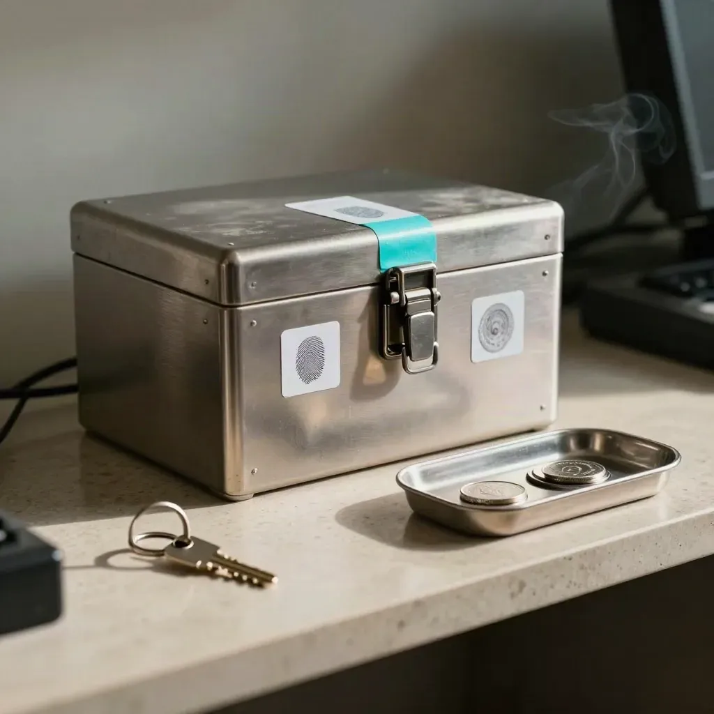 Tamper seals, metal token tray, and brushed lockbox with blurred keyring in front.