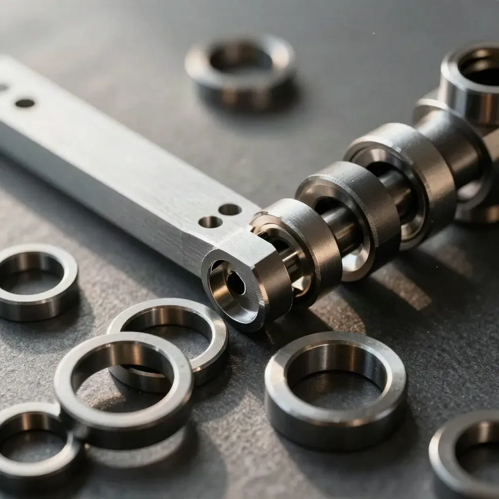Linked metal rings, bridge block, and connector sleeves on brushed metal, lit in a premium macro still life.