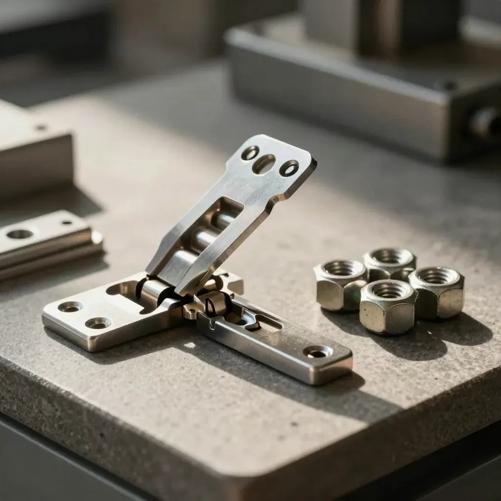Metal tabs, open hinge and hex fasteners on graphite stone in dramatic side light.