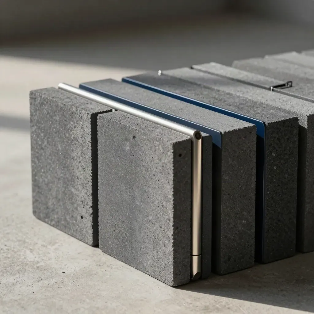 Graphite modular blocks joined by a coupling bar on concrete, lit with dramatic soft shadows.