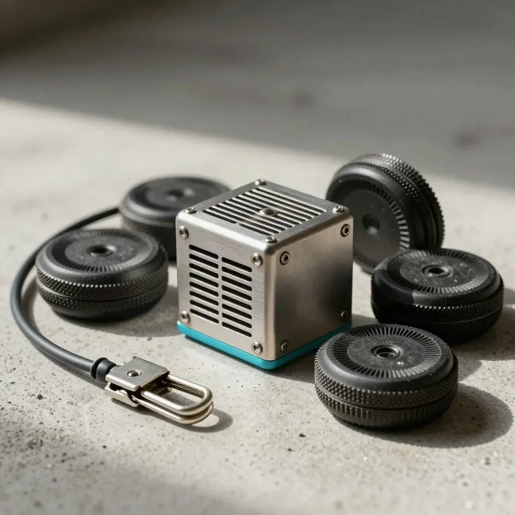Precision sensor pucks, cable loops, and a vented module on pale concrete with cyan accents.