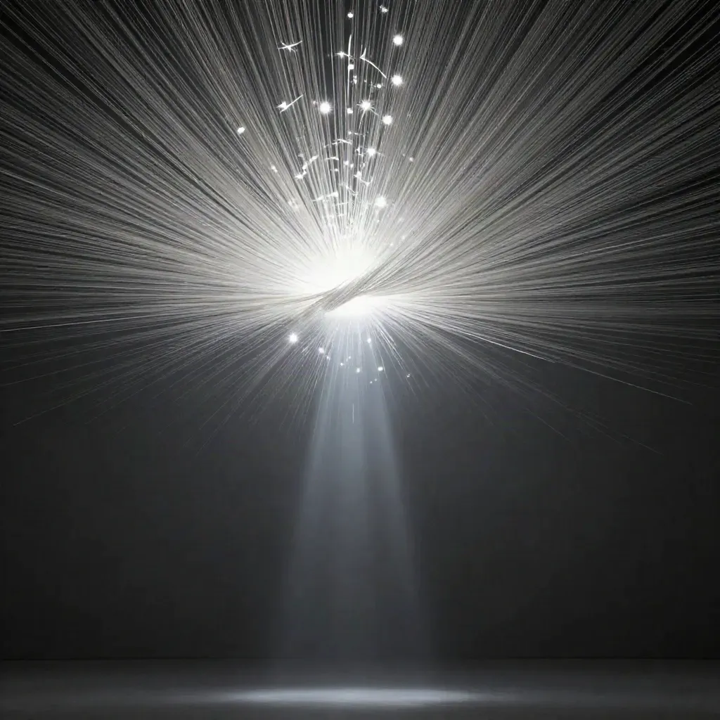 Silver filaments converge into a soft white bloom in a dark graphite void.